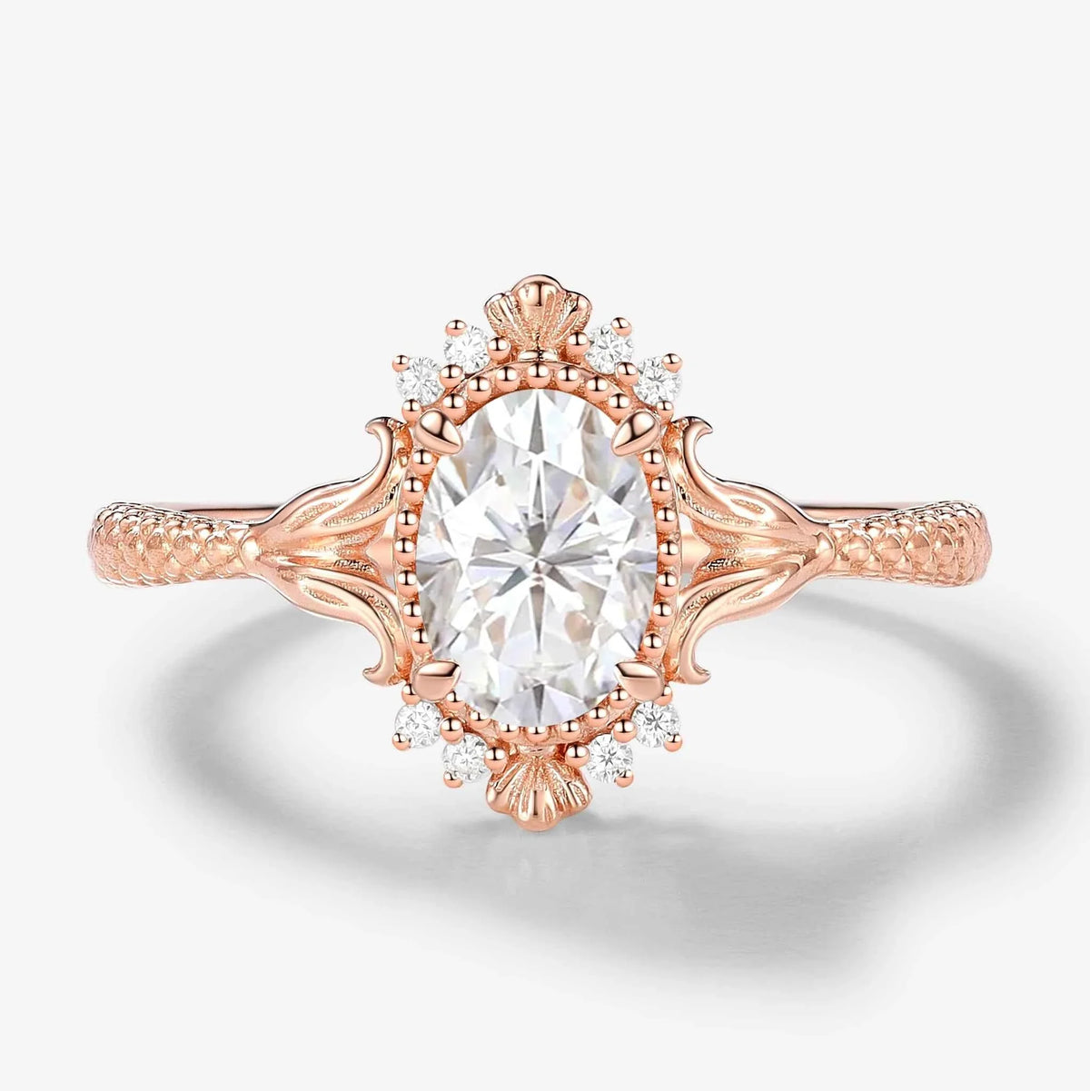 Vintage Ocean-Inspired Oval Cut Moissanite Mermaid Tail & Shell Engagement Ring - Sirena