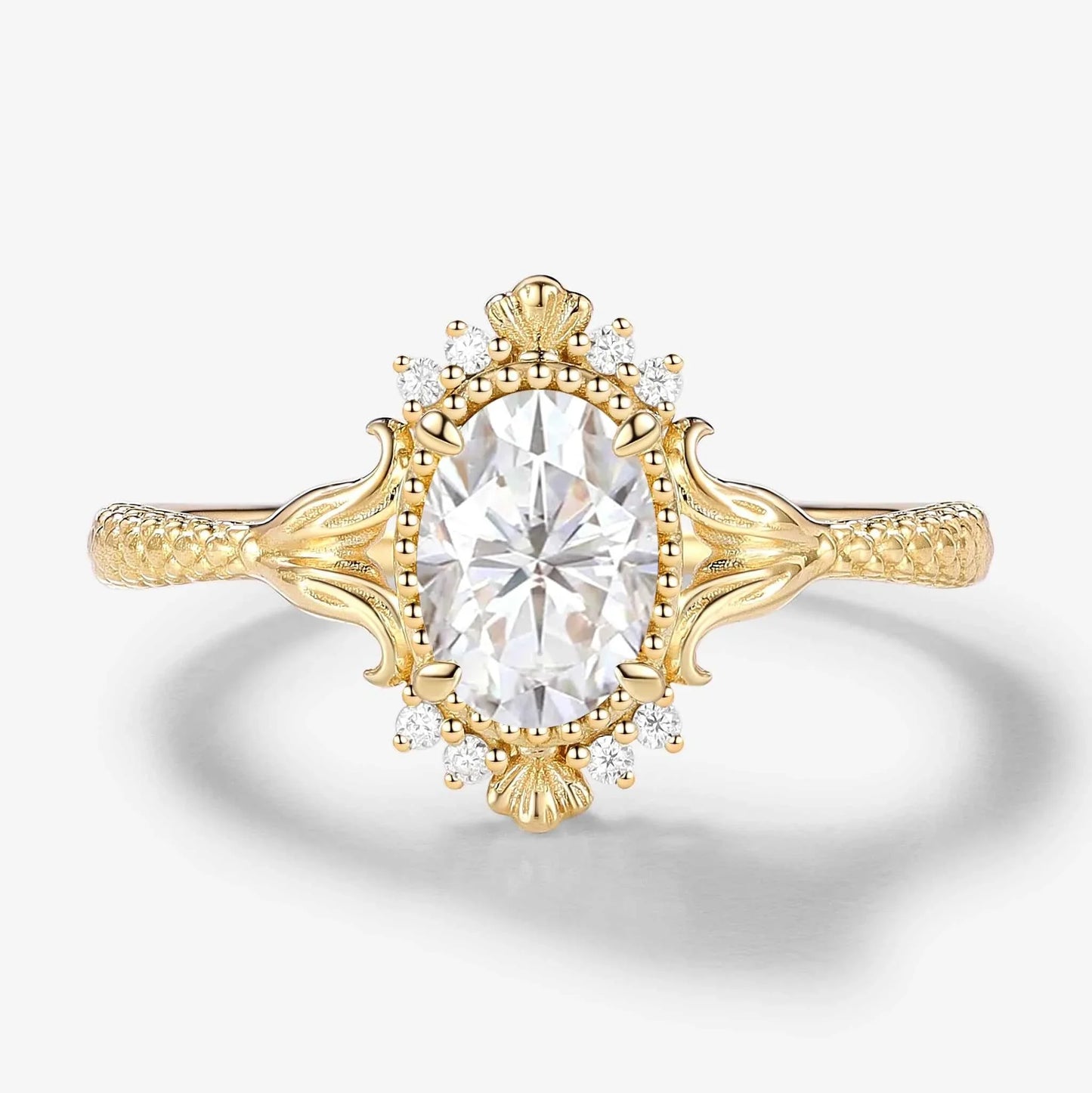 Vintage Ocean-Inspired Oval Cut Moissanite Mermaid Tail & Shell Engagement Ring - Sirena