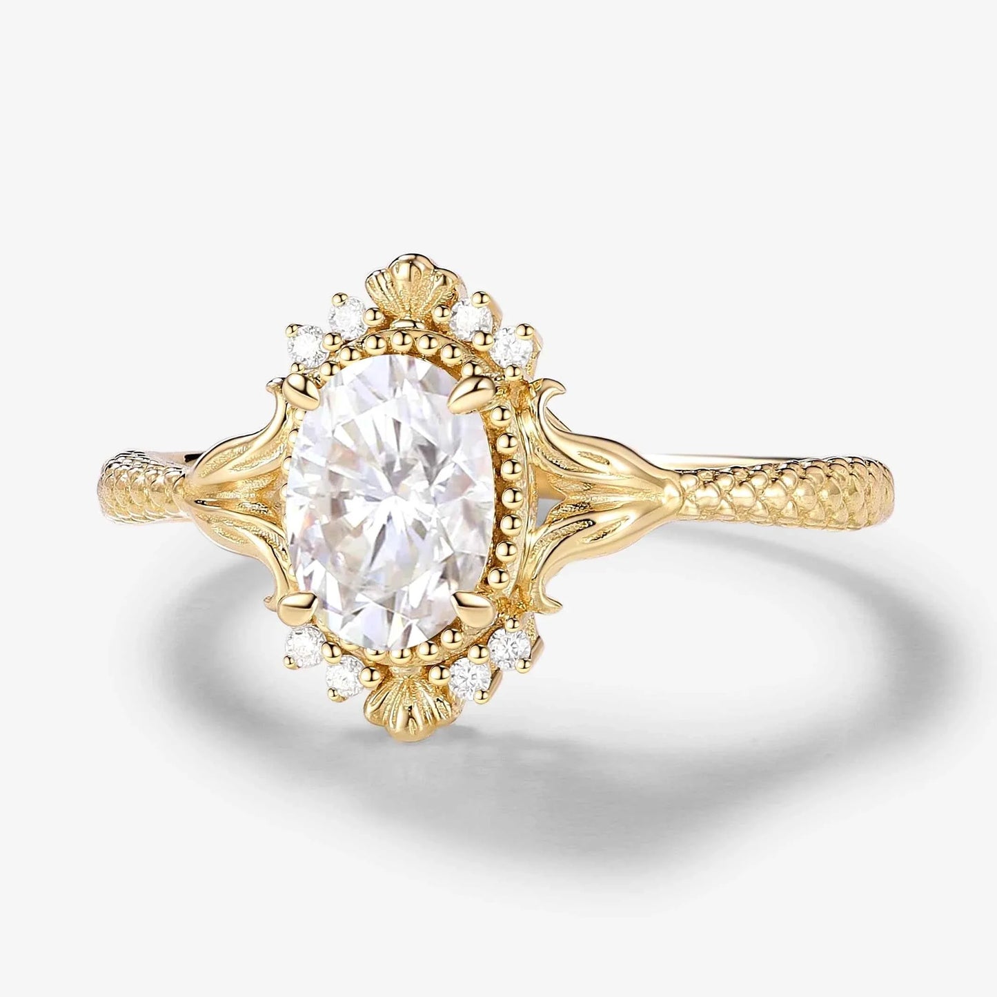 Vintage Ocean-Inspired Oval Cut Moissanite Mermaid Tail & Shell Engagement Ring - Sirena