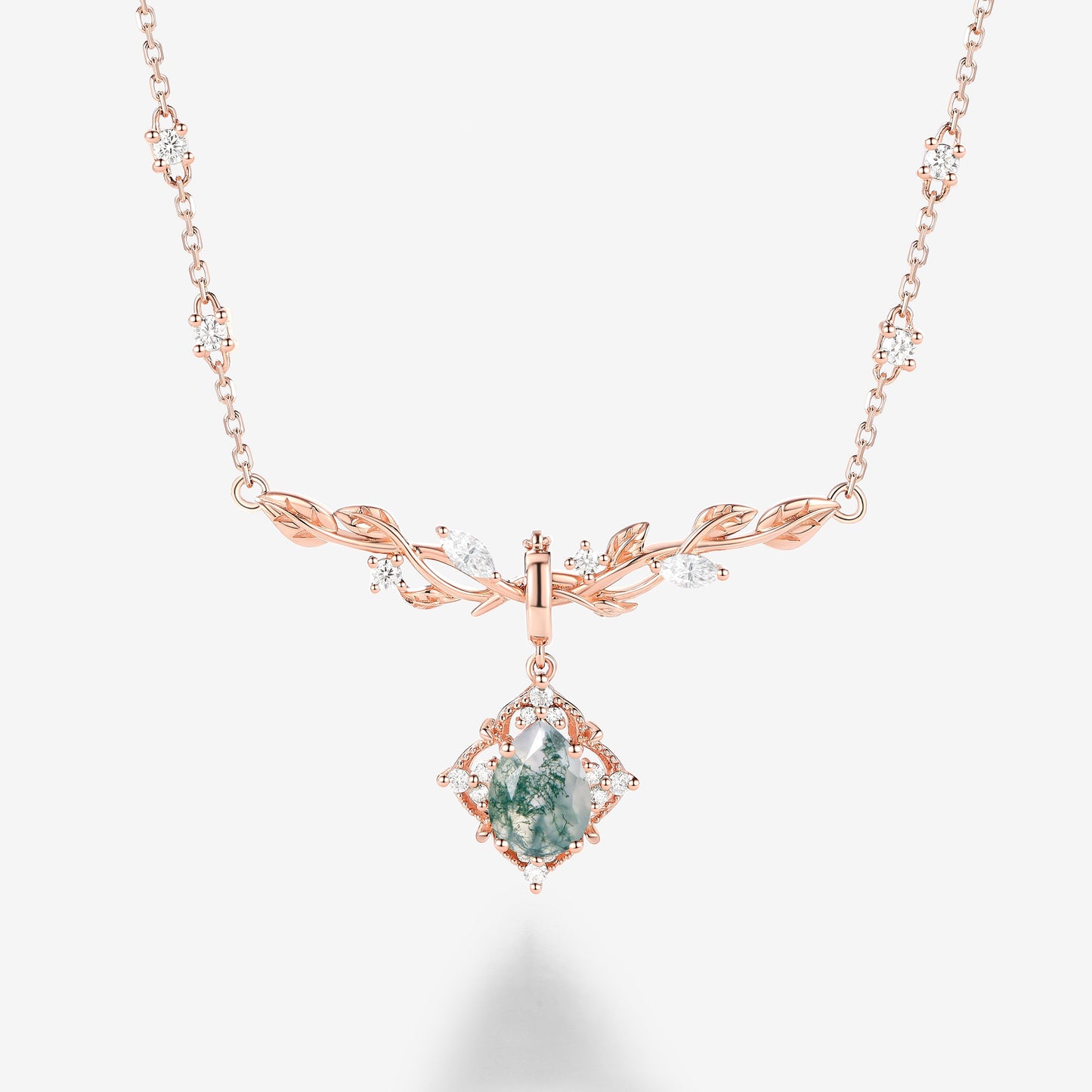 Nature Inspired Pear Cut Leafy Moss Agate Necklace