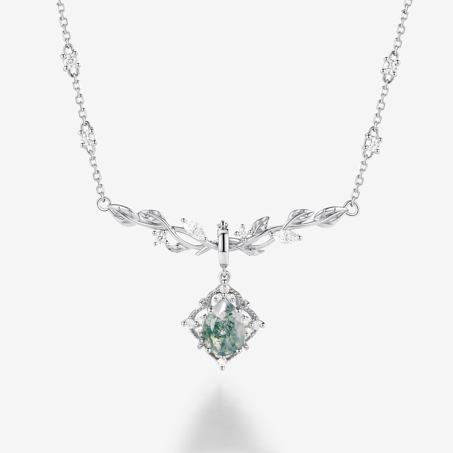 Nature Inspired Pear Cut Leafy Moss Agate Necklace