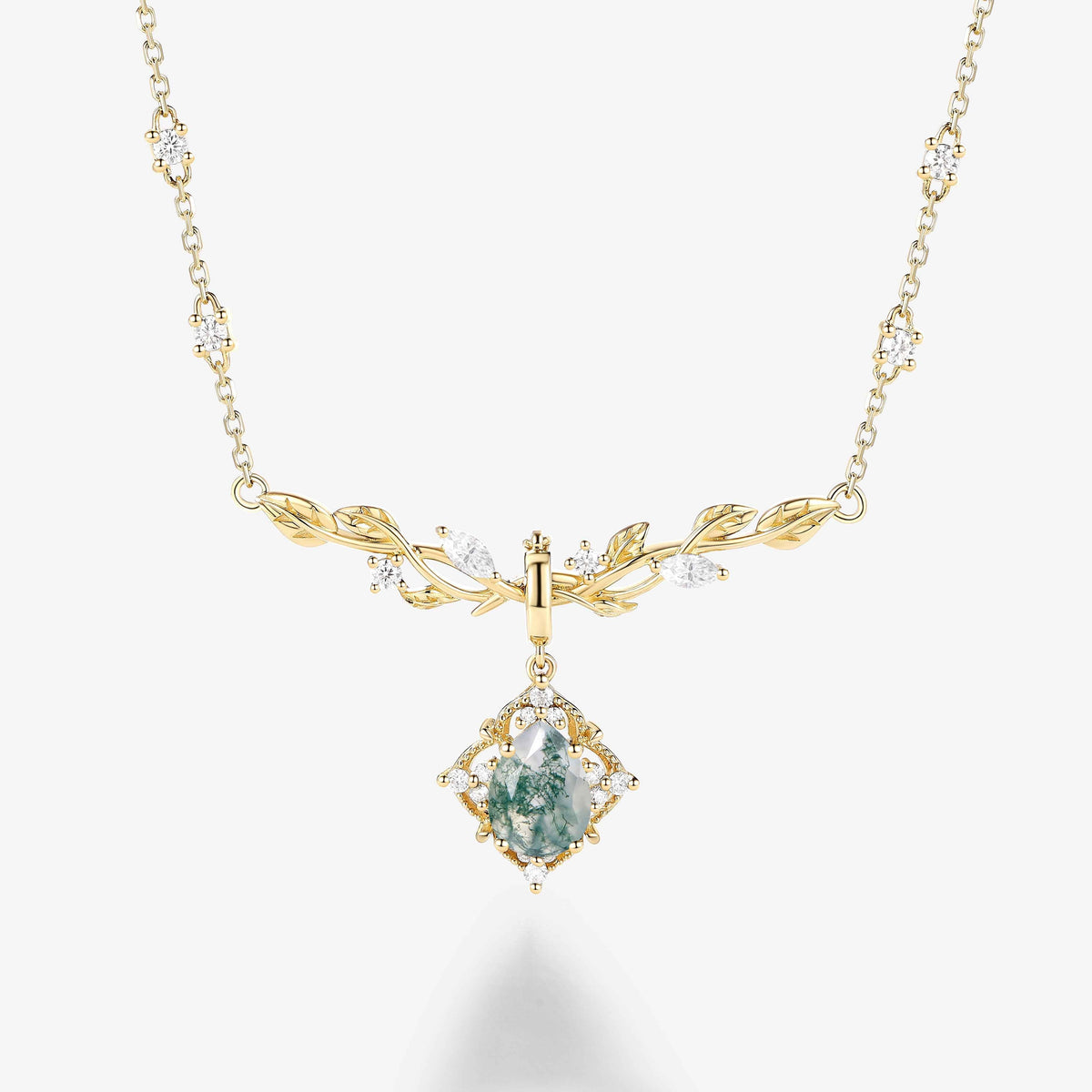 Nature Inspired Pear Cut Leafy Moss Agate Necklace