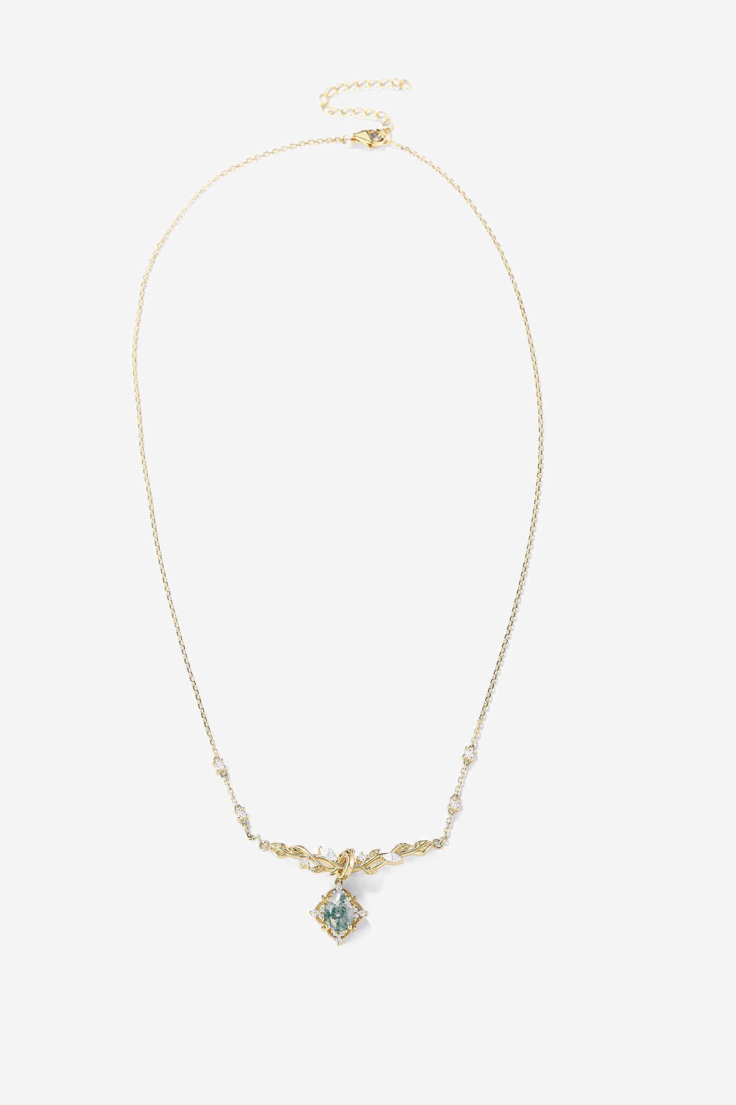 Nature Inspired Pear Cut Leafy Moss Agate Necklace