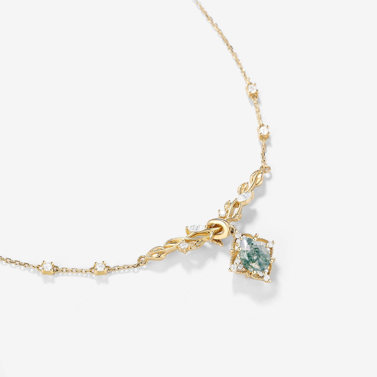 Nature Inspired Pear Cut Leafy Moss Agate Necklace