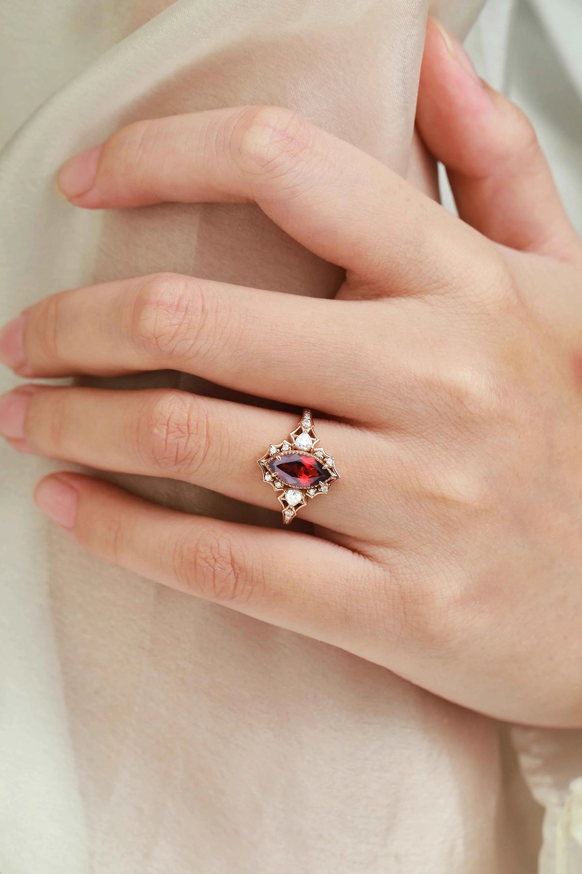Vintage Halo Bat & Animal Inspired Marquise Cut Garnet Engagement Ring