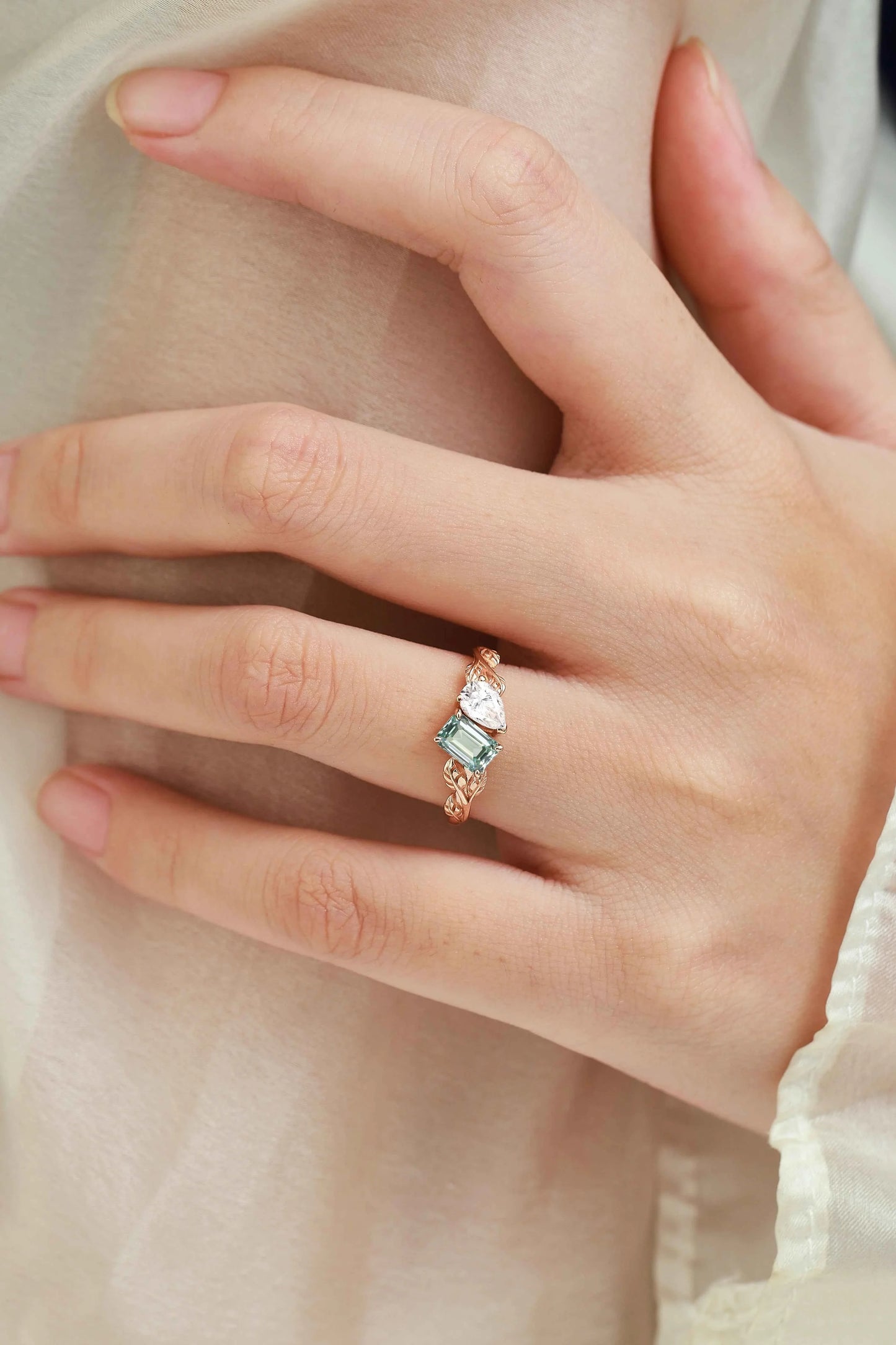 Custom Nature Inspired Leaf 2-Stone Toi et Moi Engagement Ring For Nephi