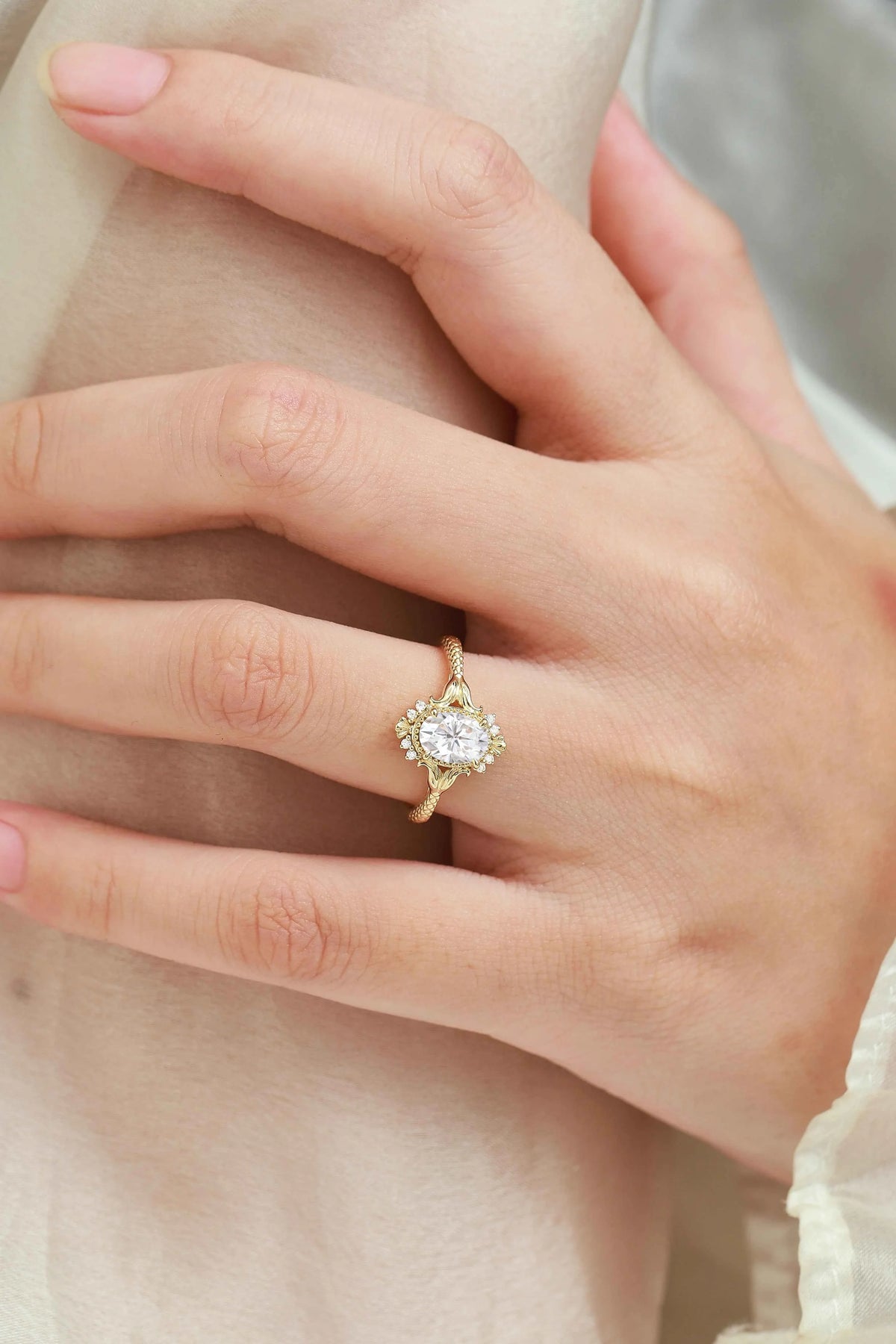 Vintage Ocean-Inspired Oval Cut Moissanite Mermaid Tail & Shell Engagement Ring - Sirena