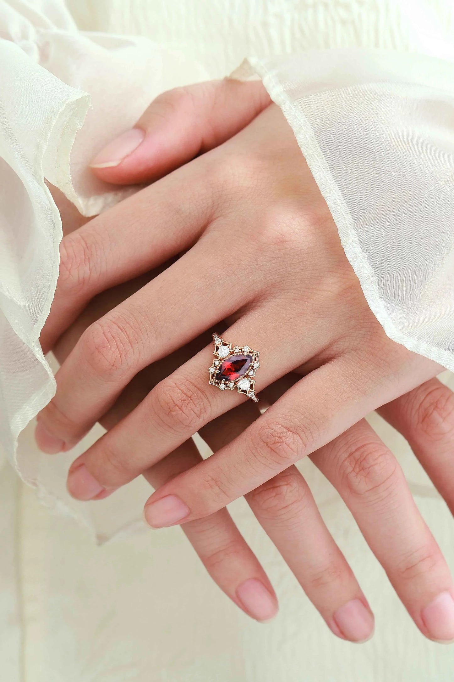 Vintage Halo Bat & Animal Inspired Marquise Cut Garnet Engagement Ring