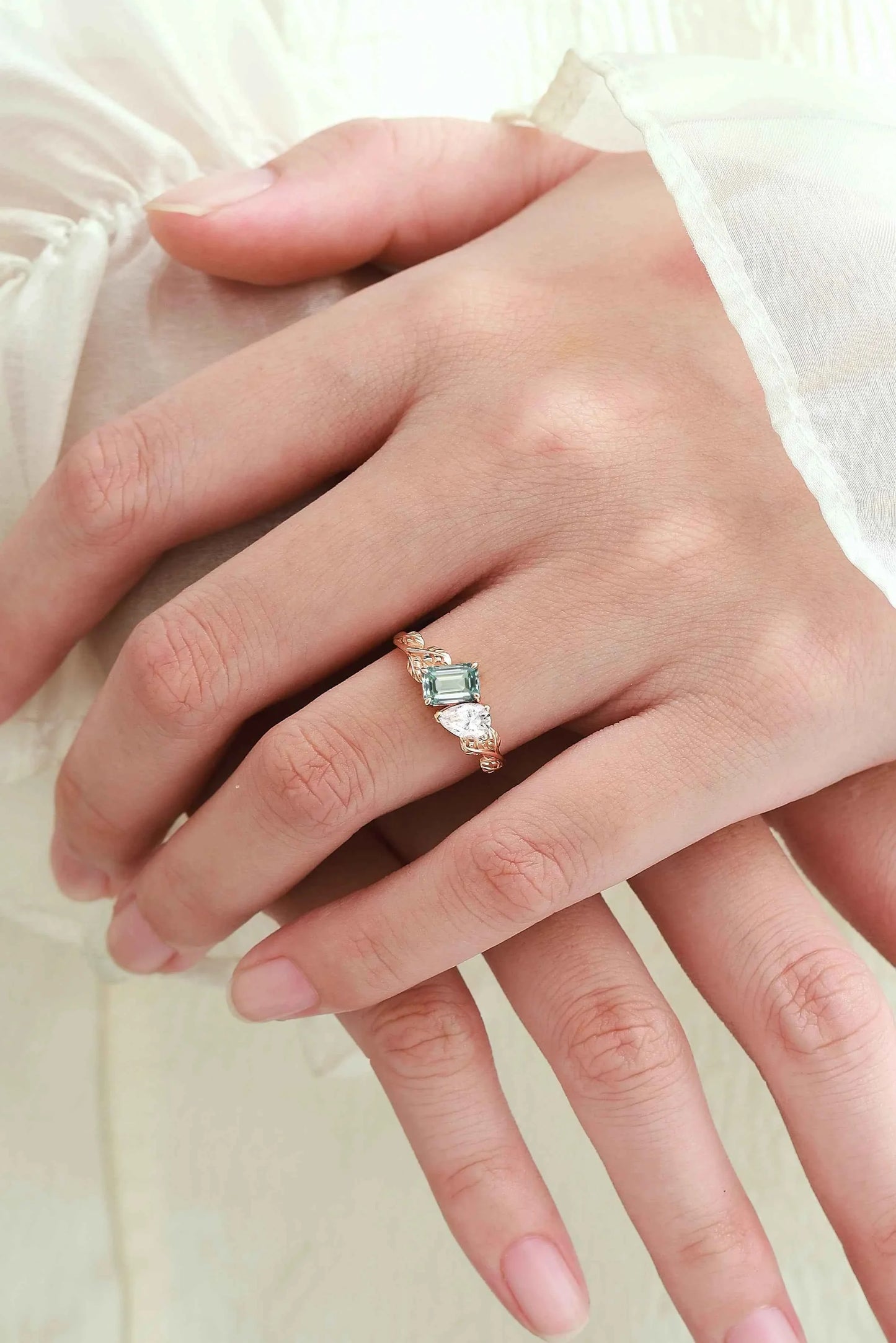Custom Nature Inspired Leaf 2-Stone Toi et Moi Engagement Ring For Nephi