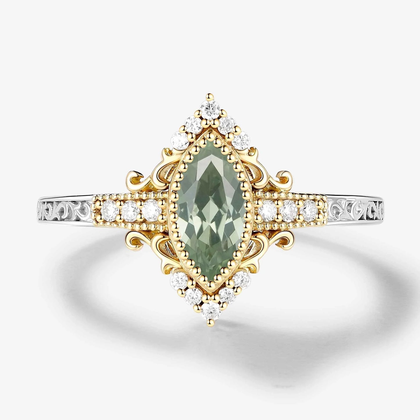 Bezel Setting & Milgrain Detailing Marquise-Cut Green Tsavorite  Engagement Ring