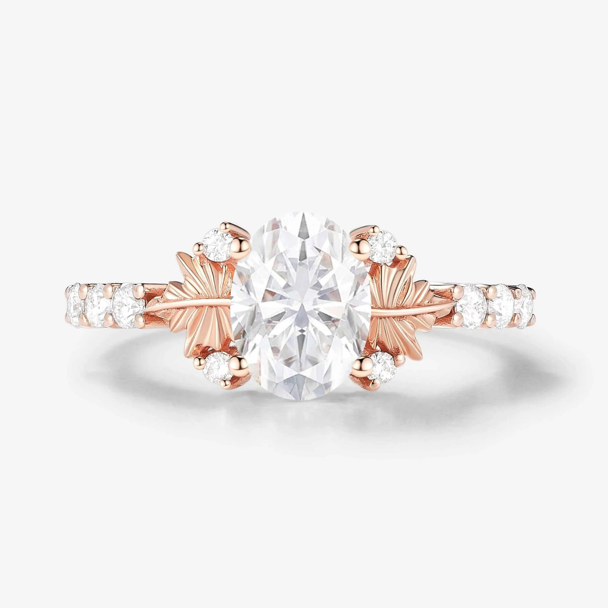 Maple Leaf Design Oval-Cut Moissanite Pavé Engagement Ring