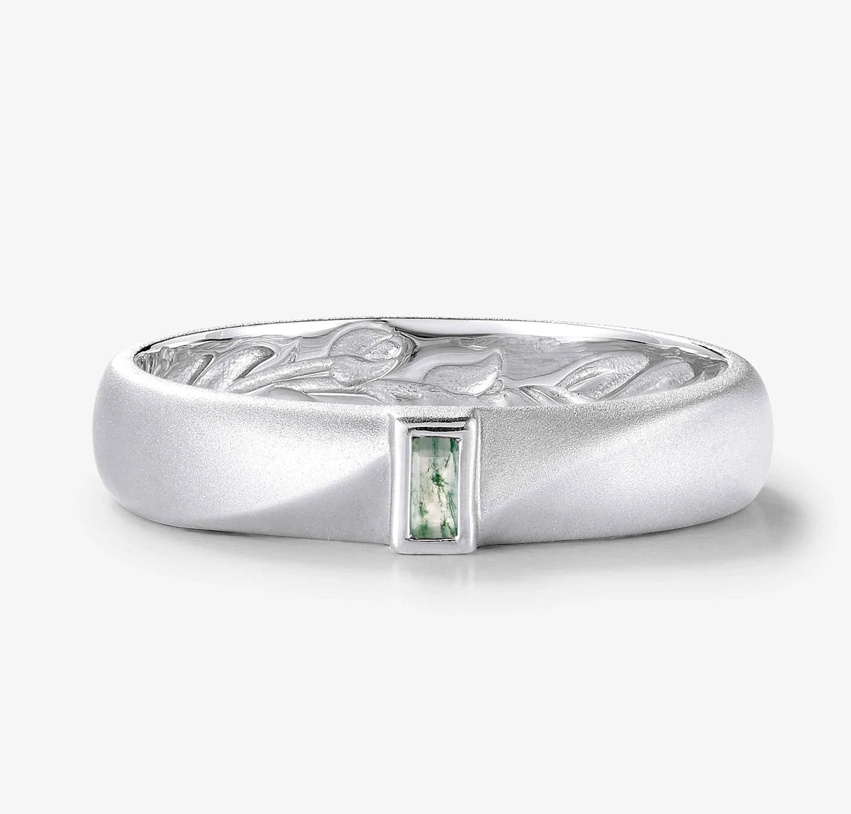 Nature-Inspired Moss Agate Men’s Wedding Band with Inner Tulip Carving