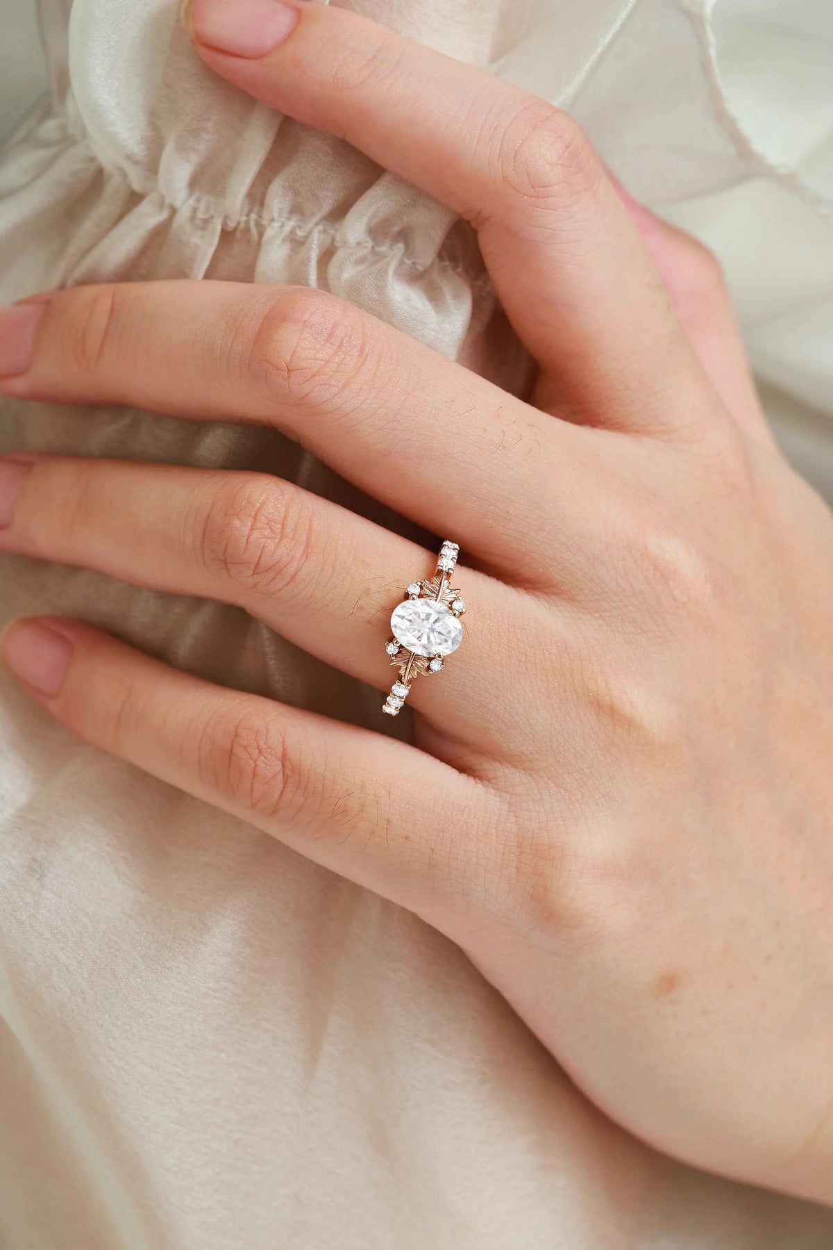 Maple Leaf Design Oval-Cut Moissanite Pavé Engagement Ring