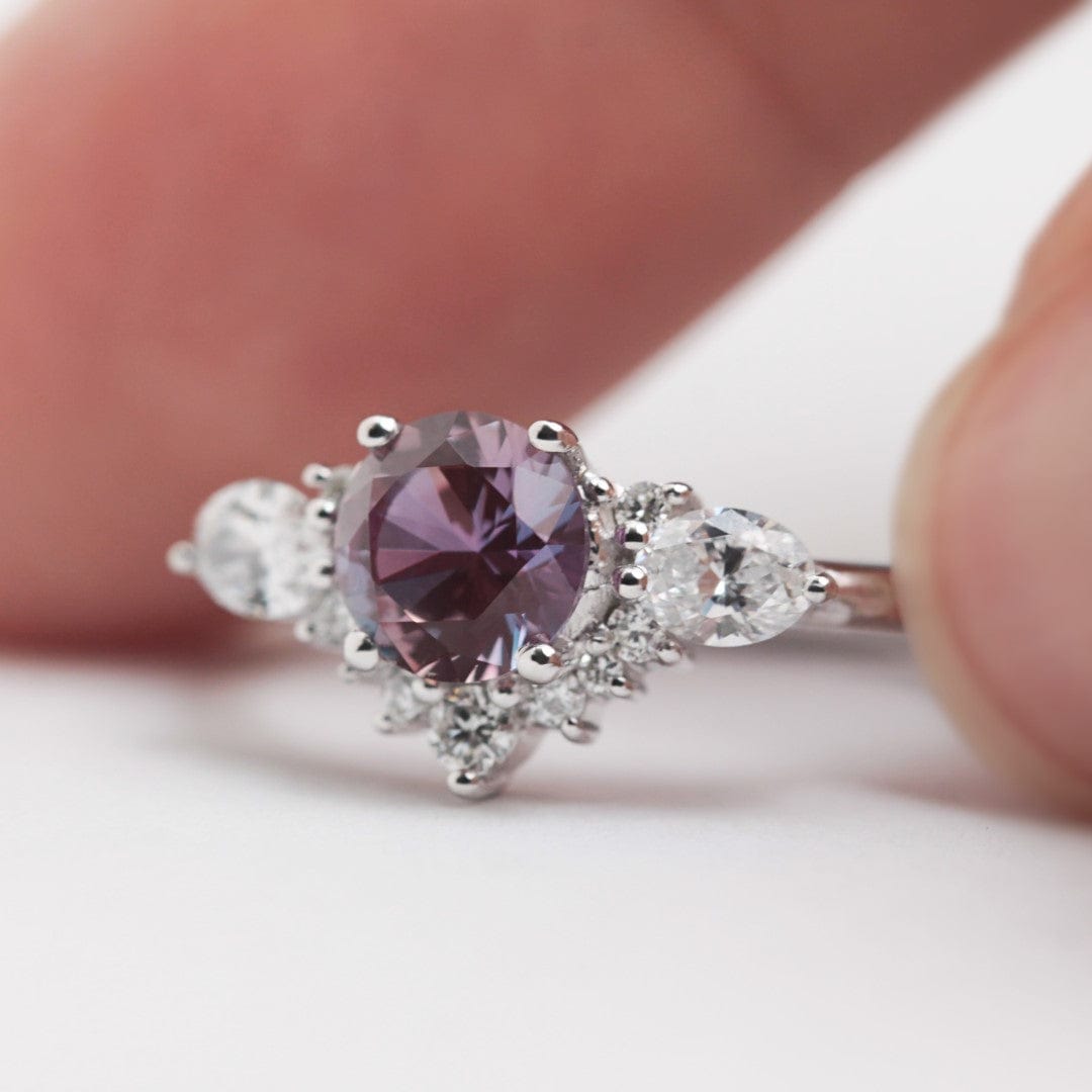 Alexandrite and lab diamond cluster engagement ring