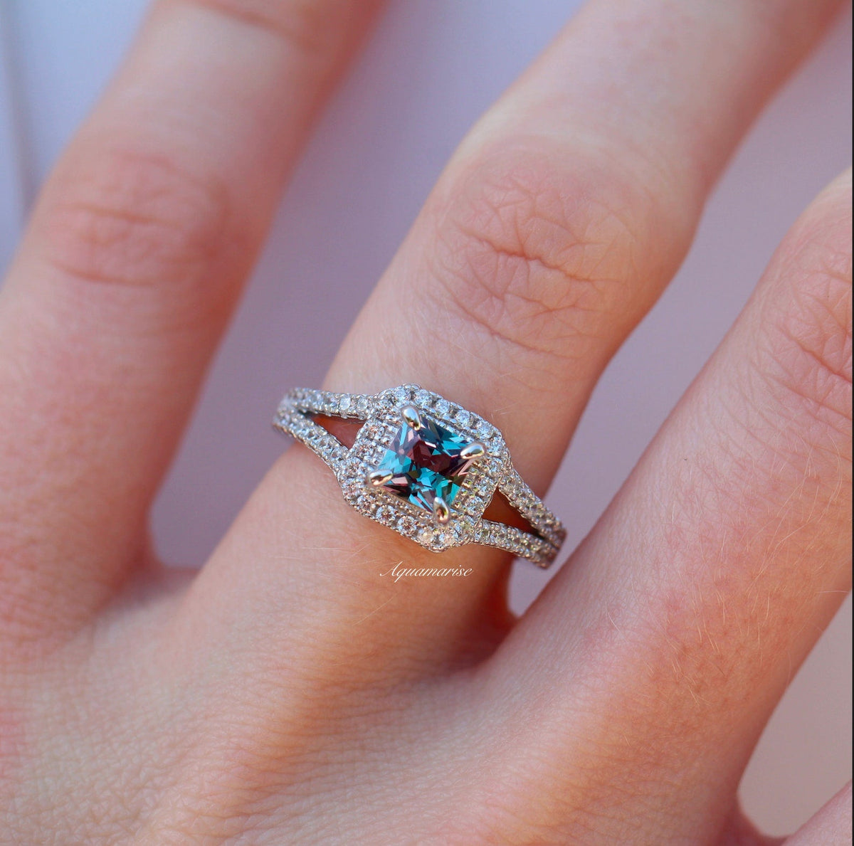 Split Shank Halo Alexandrite Engagement Ring in Sterling Silver
