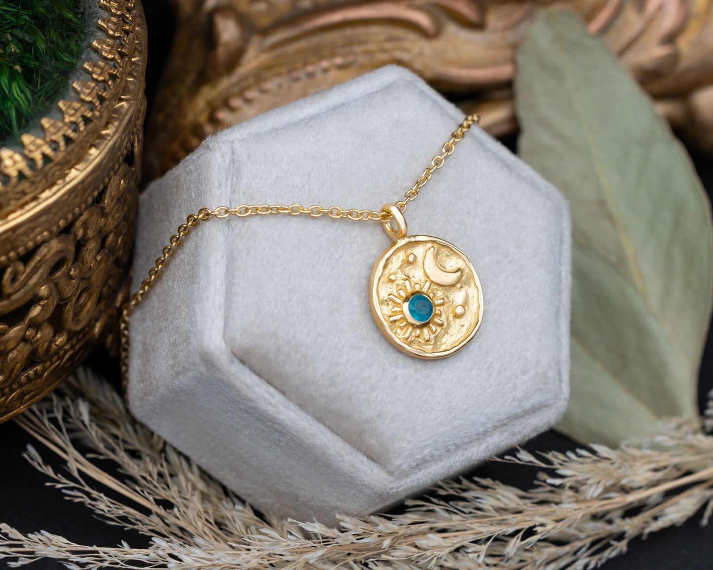 Luna Collection - Sun & Moon Pendant Necklace With Apatite Accents In 18K Gold Vermeil - By Jorge Revilla