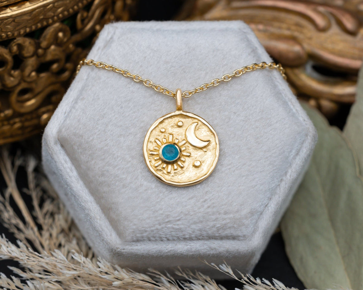 Luna Collection - Sun & Moon Pendant Necklace With Apatite Accents In 18K Gold Vermeil - By Jorge Revilla