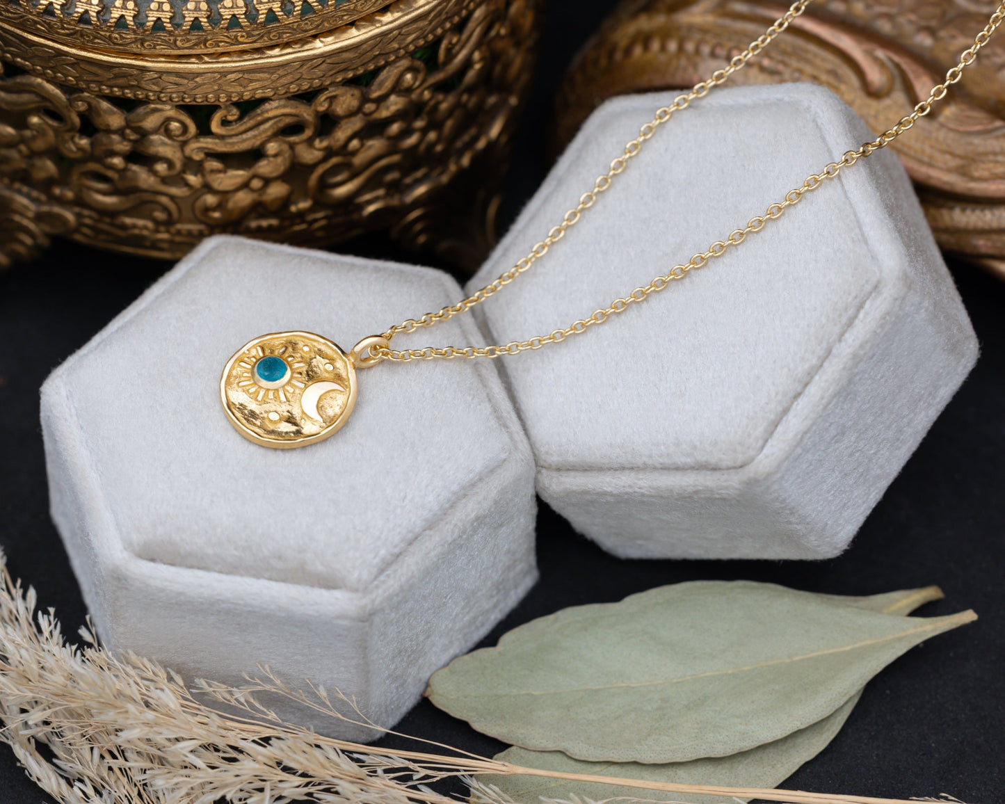 Luna Collection - Sun & Moon Pendant Necklace With Apatite Accents In 18K Gold Vermeil - By Jorge Revilla