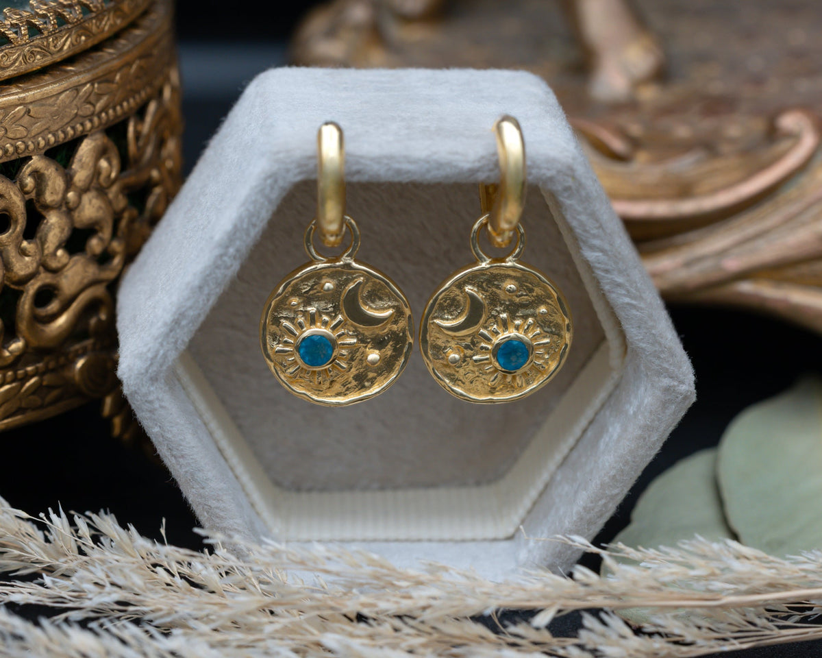 Luna Collection - Sun & Moon Pendant Earrings With Apatite Accents In 18K Gold Vermeil - By Jorge Revilla