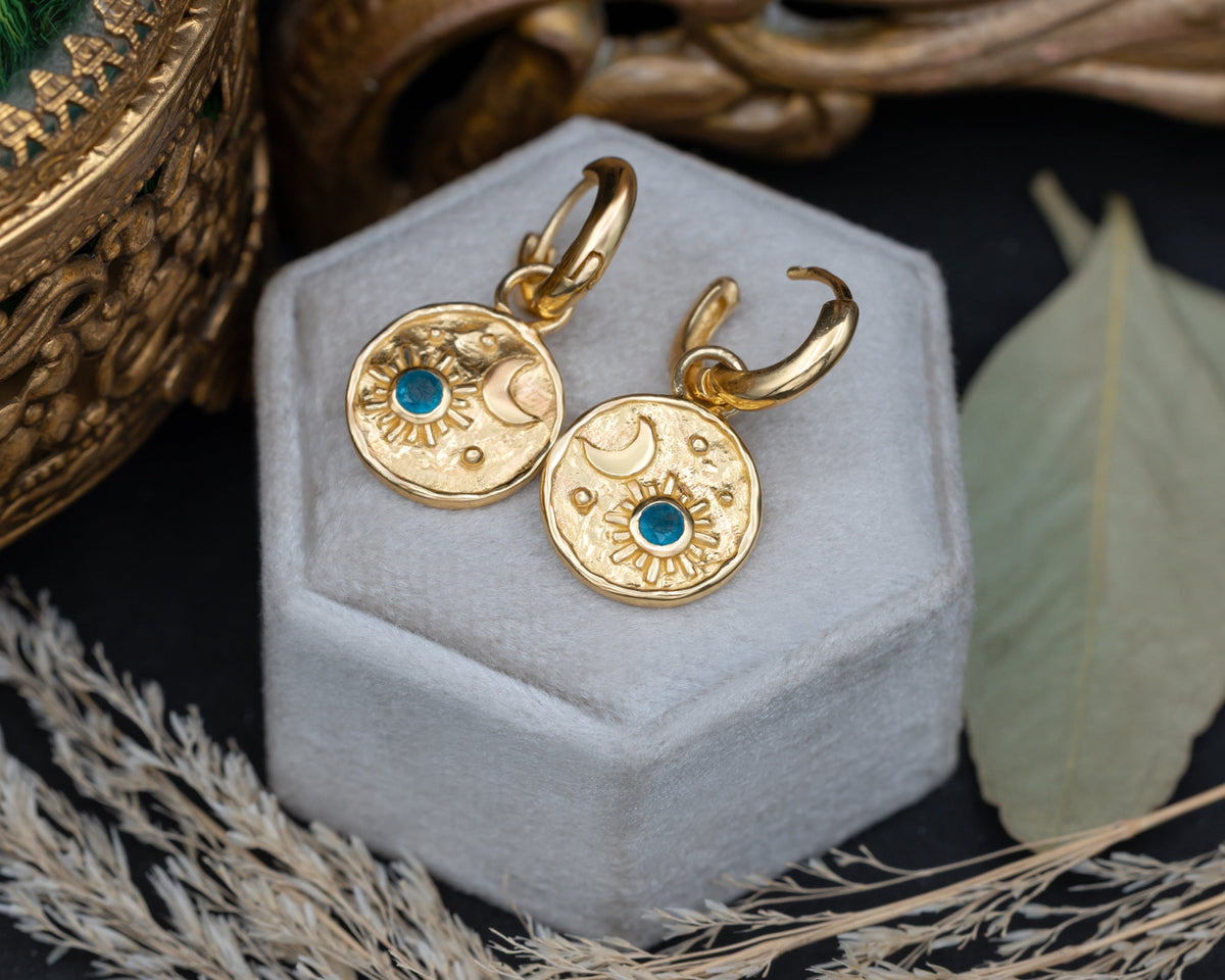 Luna Collection - Sun & Moon Pendant Earrings With Apatite Accents In 18K Gold Vermeil - By Jorge Revilla