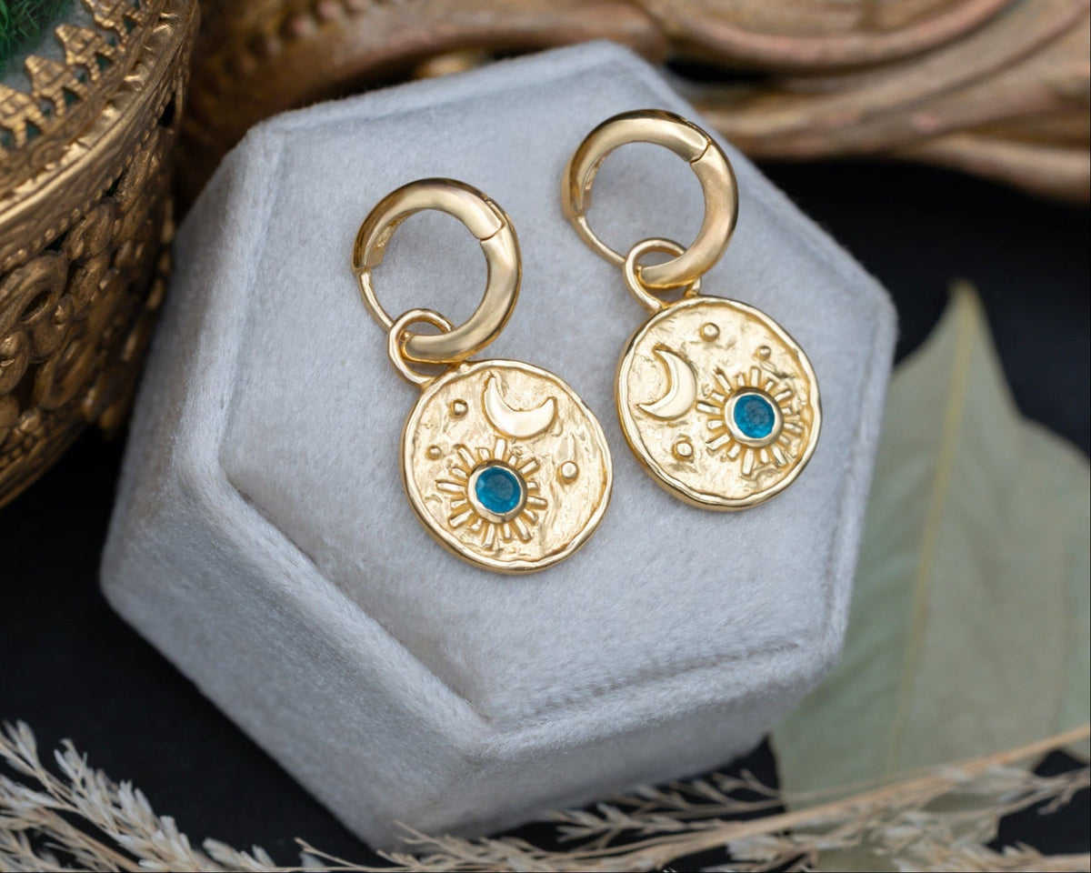 Luna Collection - Sun & Moon Pendant Earrings With Apatite Accents In 18K Gold Vermeil - By Jorge Revilla