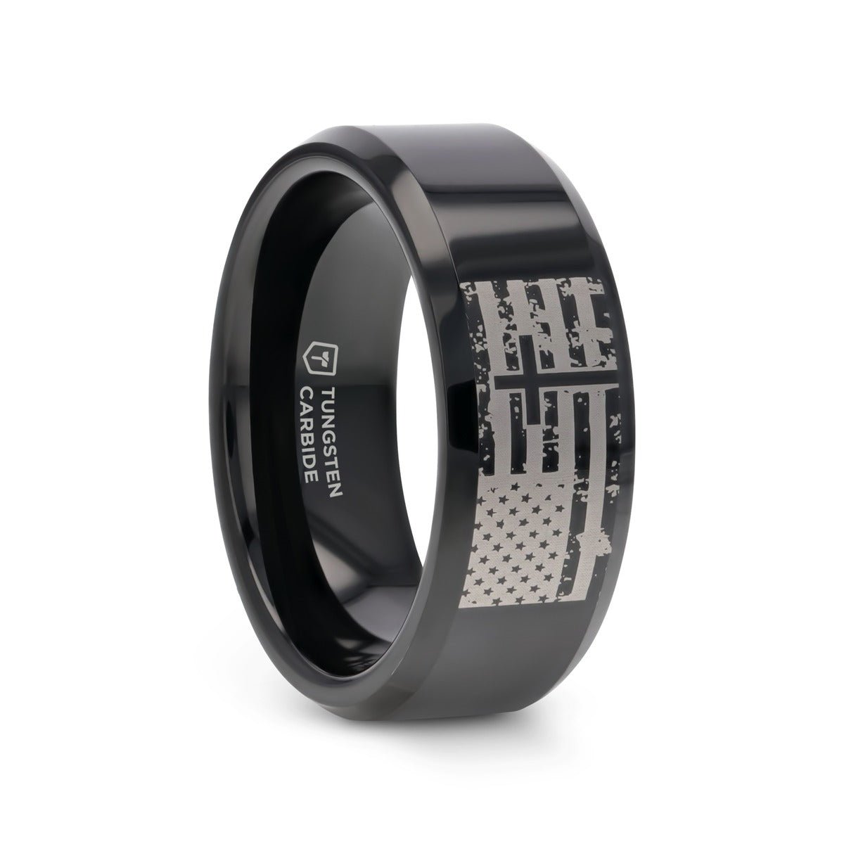 AMERICAN FLAG & CROSS | Engraved Black Tungsten Band, Beveled