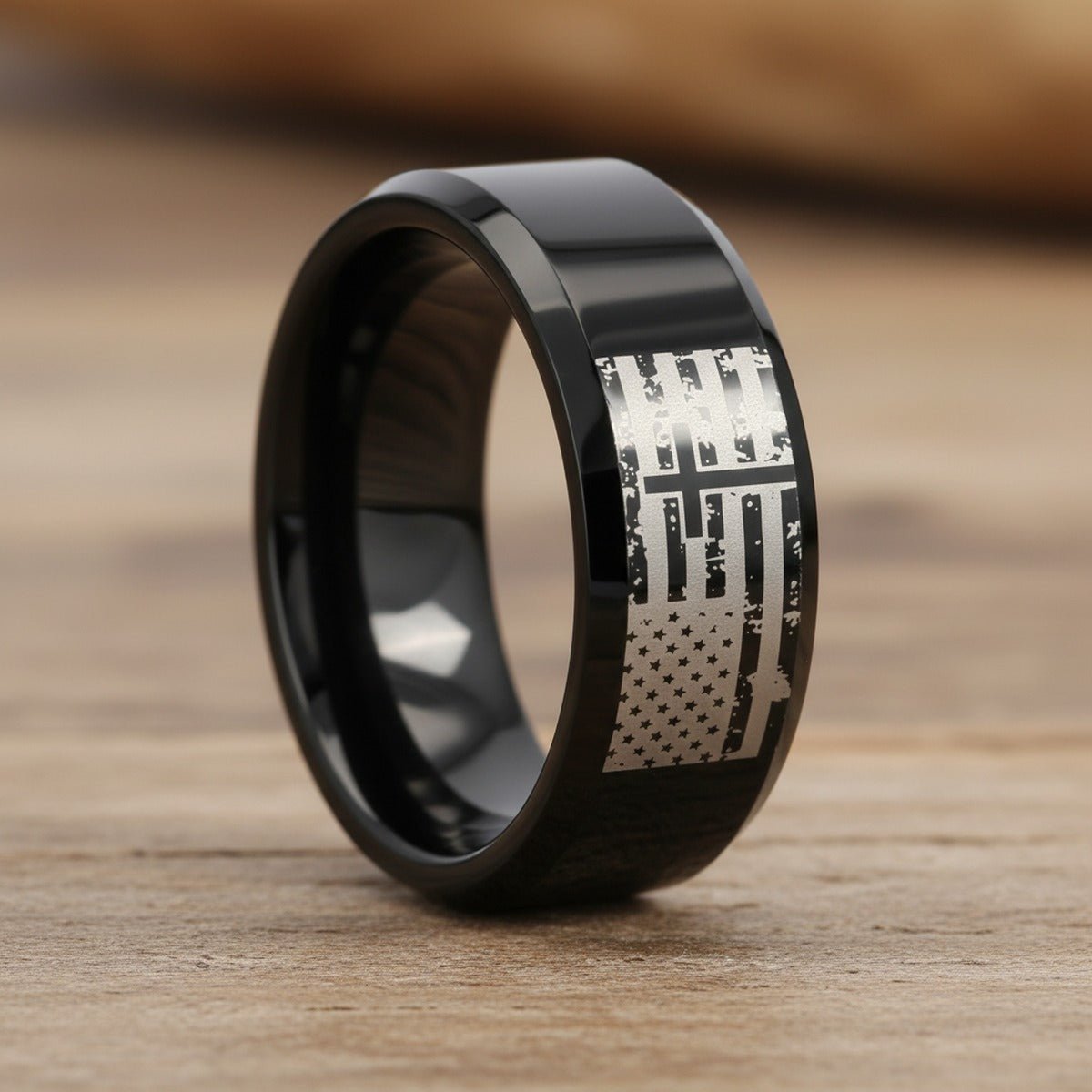 AMERICAN FLAG & CROSS | Engraved Black Tungsten Band, Beveled