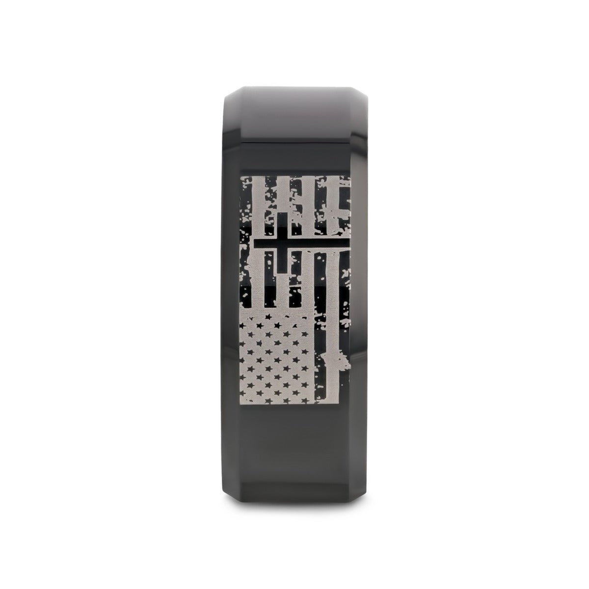 AMERICAN FLAG & CROSS | Engraved Black Tungsten Band, Beveled