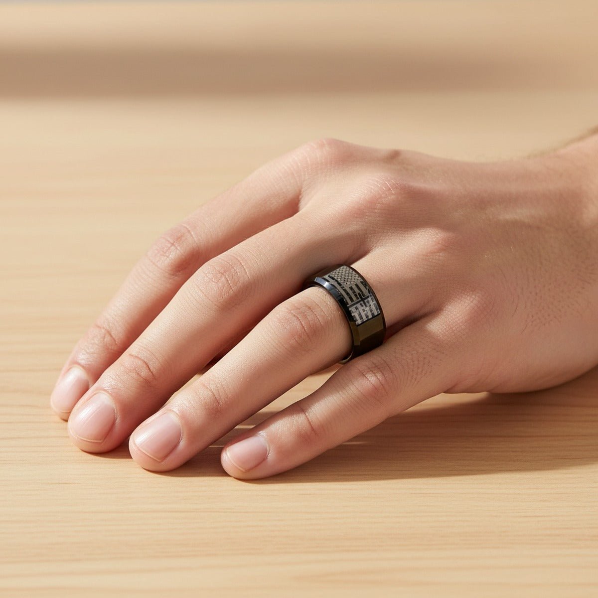 AMERICAN FLAG & CROSS | Engraved Black Tungsten Band, Beveled