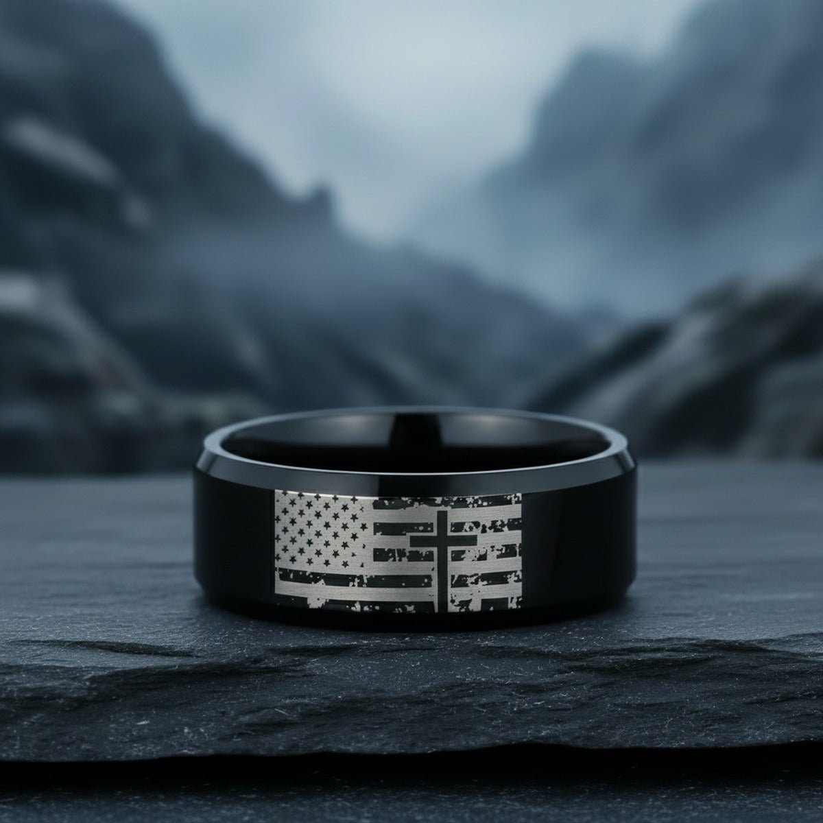 AMERICAN FLAG & CROSS | Engraved Black Tungsten Band, Beveled