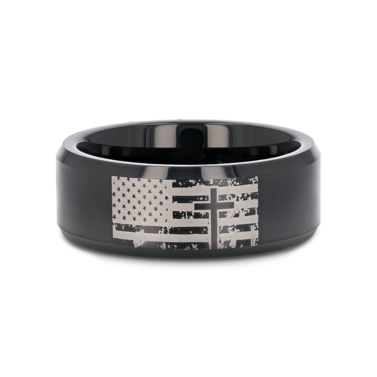 AMERICAN FLAG & CROSS | Engraved Black Tungsten Band, Beveled