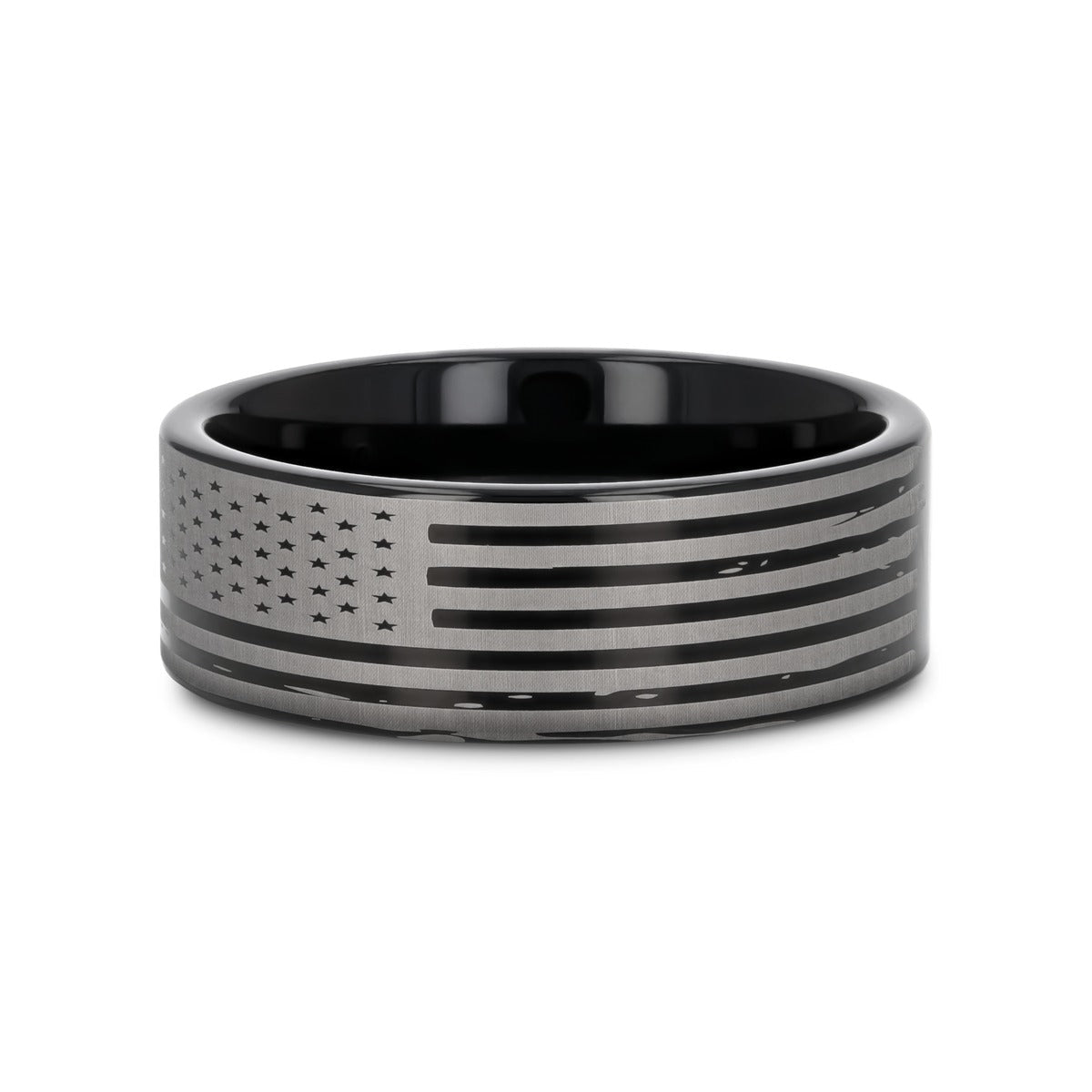 AMERICAN FLAGS | Engraved Black Tungsten Band, Flat Polished