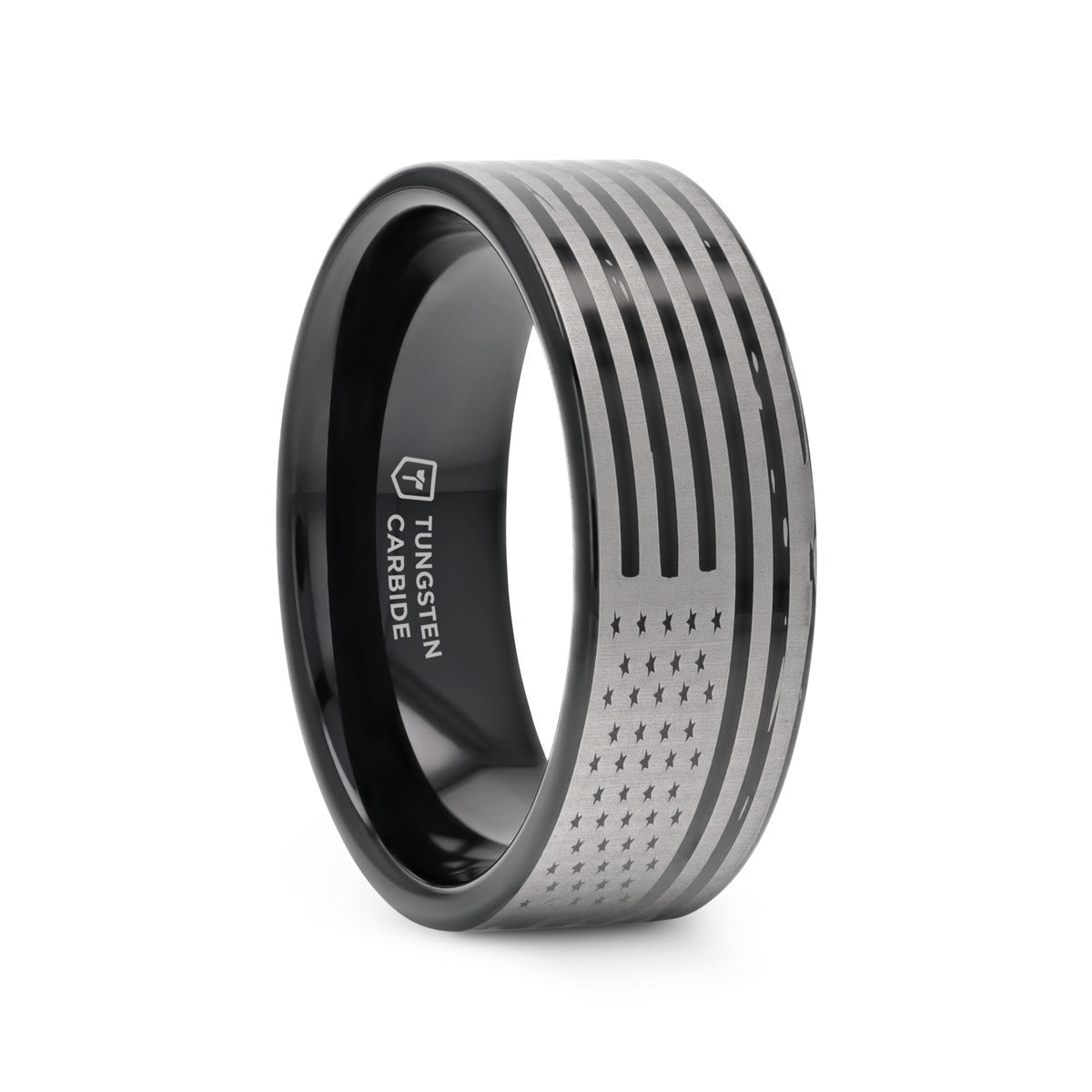 AMERICAN FLAGS | Engraved Black Tungsten Band, Flat Polished