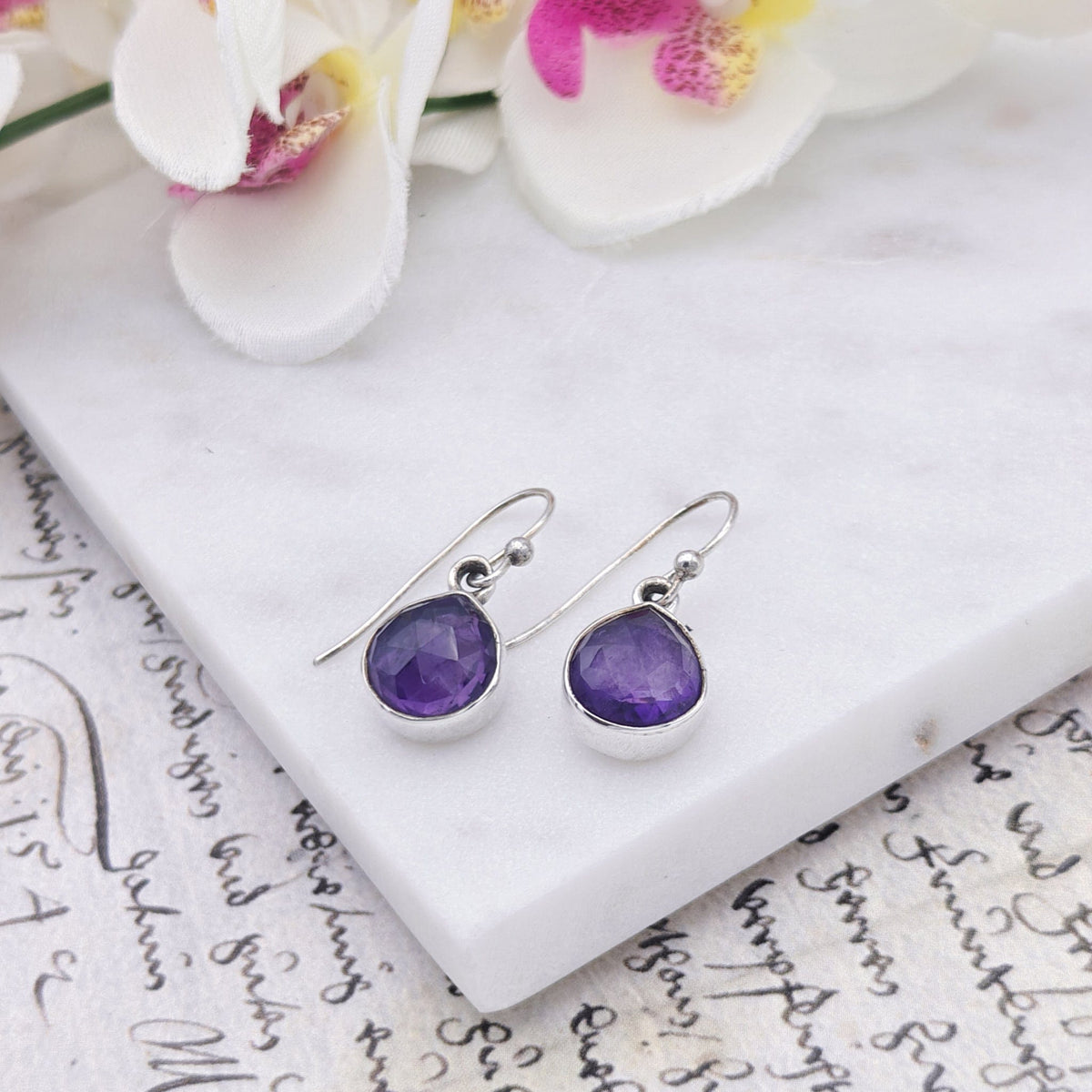 Amethyst Earrings | Aquarius Gift | Faceted 10mm Circle | Sterling Silver