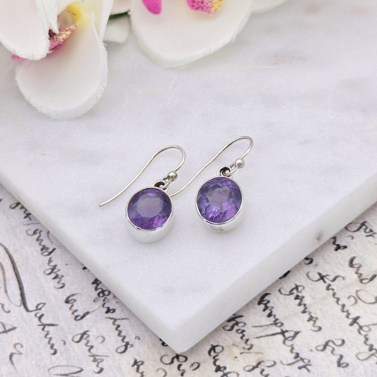 Amethyst Earrings | Aquarius Gift | Faceted 10mm Circle | Sterling Silver