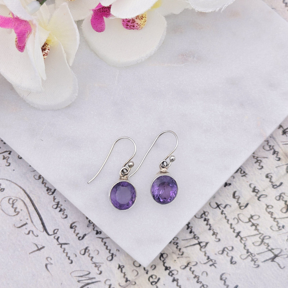 Amethyst Earrings | Aquarius Gift | Faceted 10mm Circle | Sterling Silver
