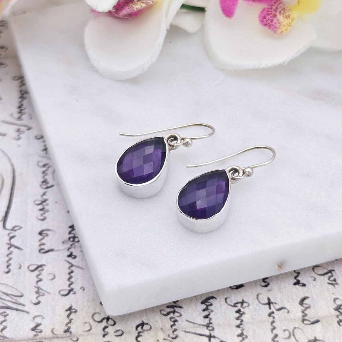Amethyst Earrings | Aquarius Gift | Faceted 15mm Teardrop | Sterling Silver