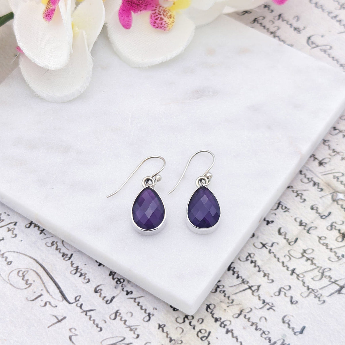 Amethyst Earrings | Aquarius Gift | Faceted 15mm Teardrop | Sterling Silver
