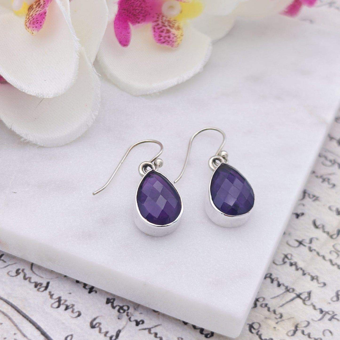Amethyst Earrings | Aquarius Gift | Faceted 15mm Teardrop | Sterling Silver