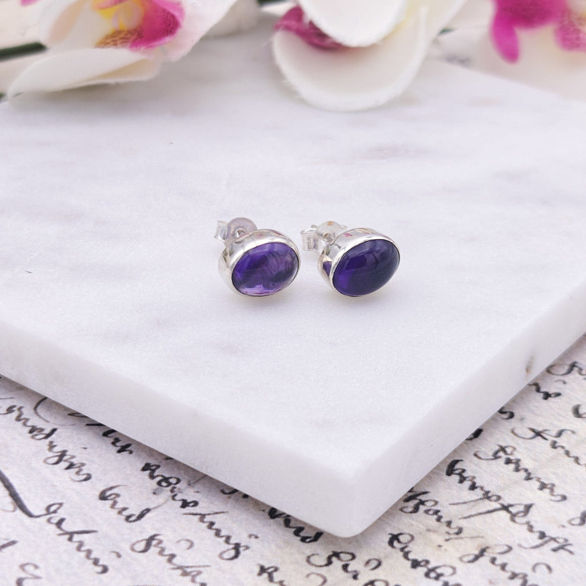 Amethyst Earrings | February Gift | 10mm oval | Sterling Silver