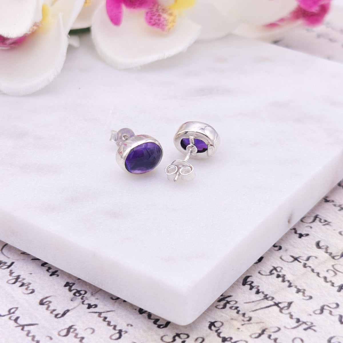 Amethyst Earrings | February Gift | 10mm oval | Sterling Silver