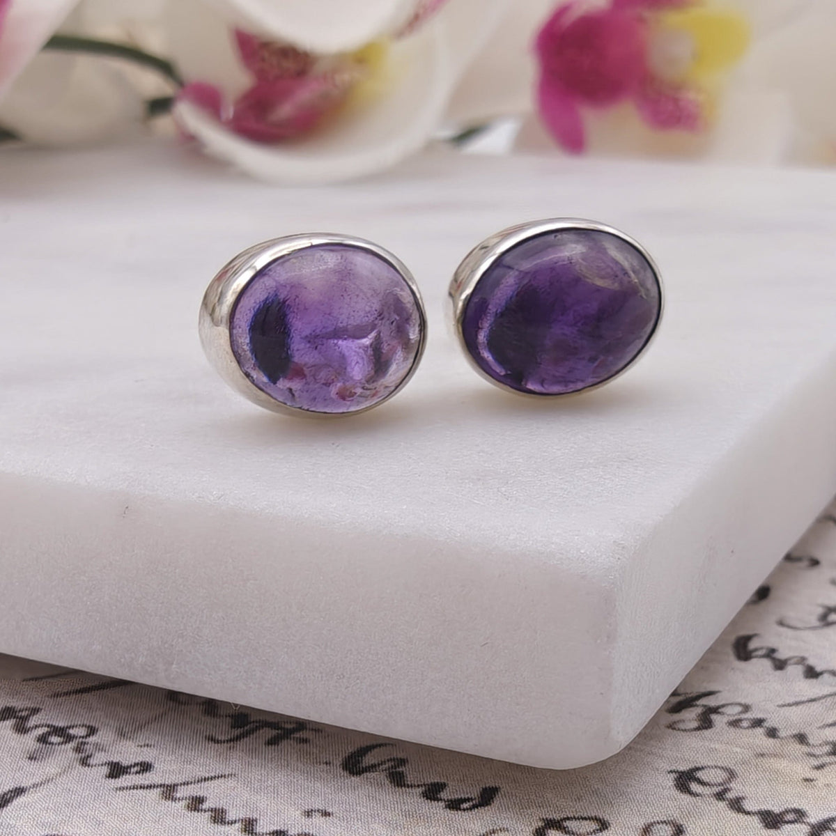 Amethyst Earrings | February Gift | 10mm oval | Sterling Silver