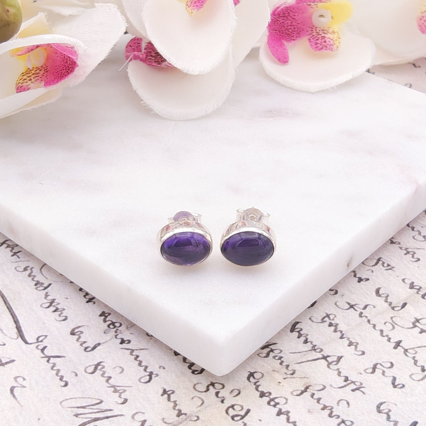 Amethyst Earrings | February Gift | 10mm oval | Sterling Silver
