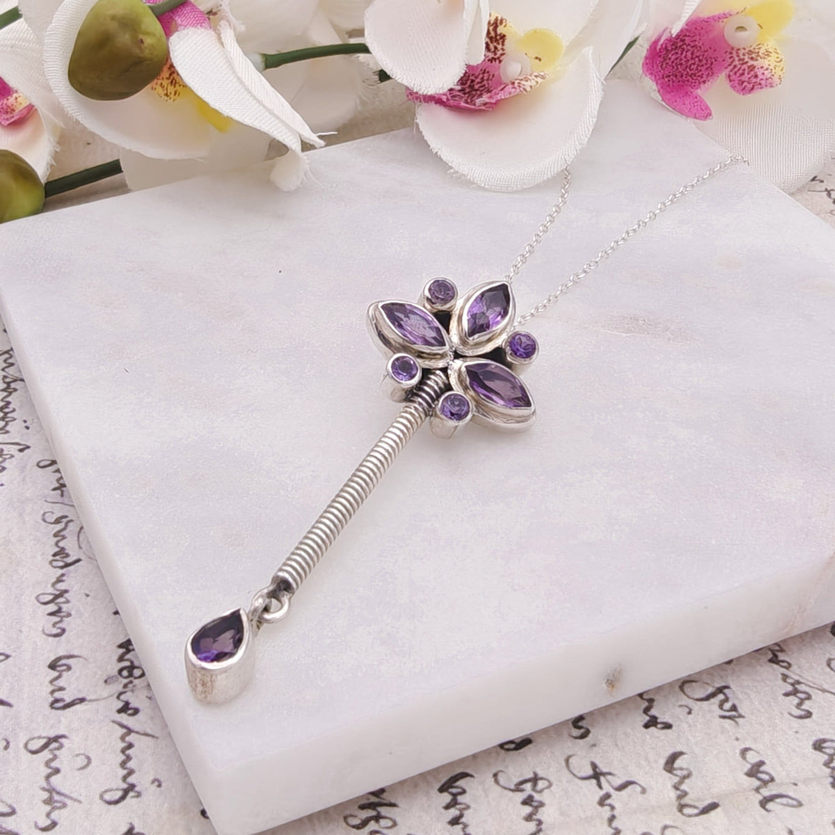 Amethyst Pendant | 55mm long | February Birthstone | Sterling Silver