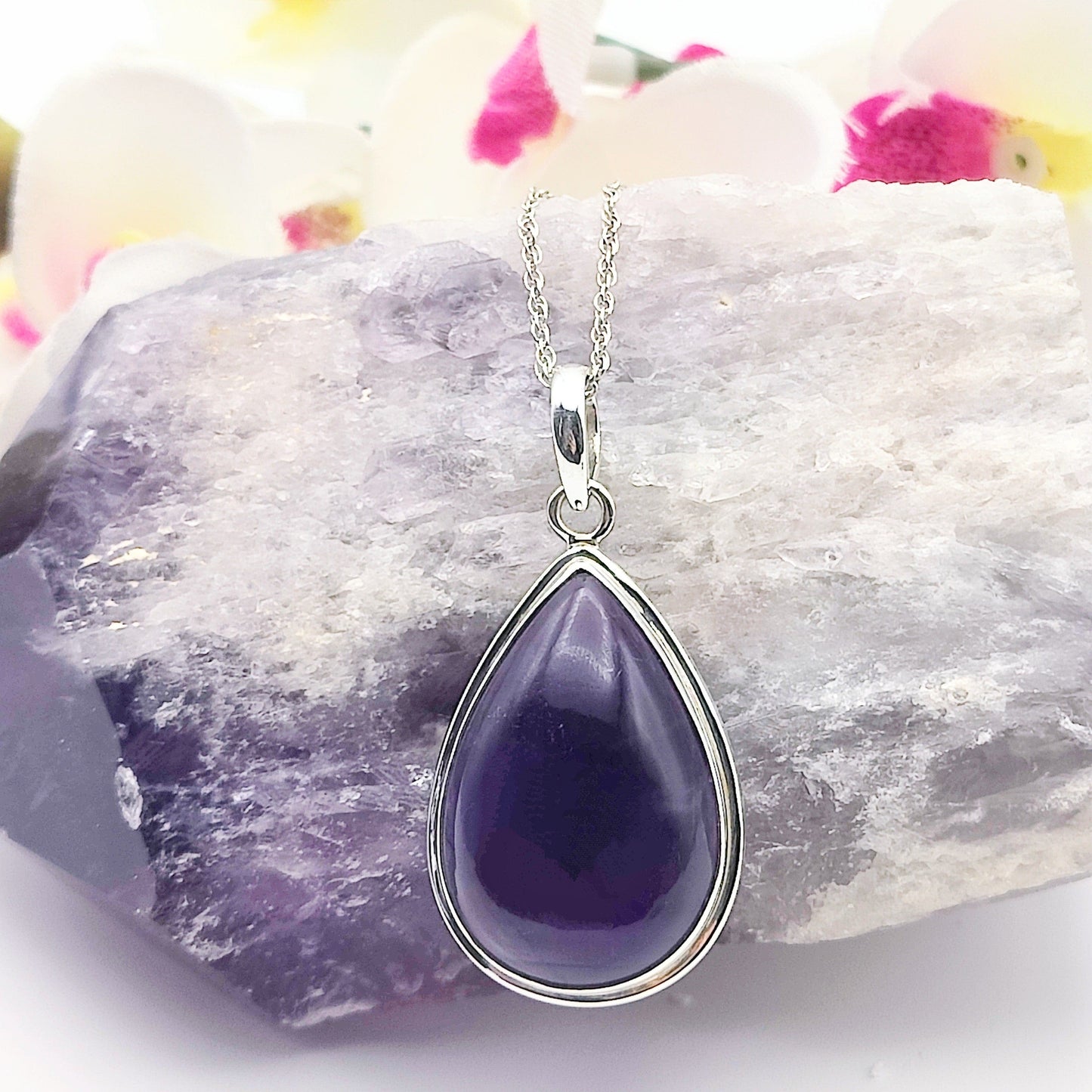 Amethyst Pendant | Aquarius Gift | 30mm Teardrop | Sterling Silver