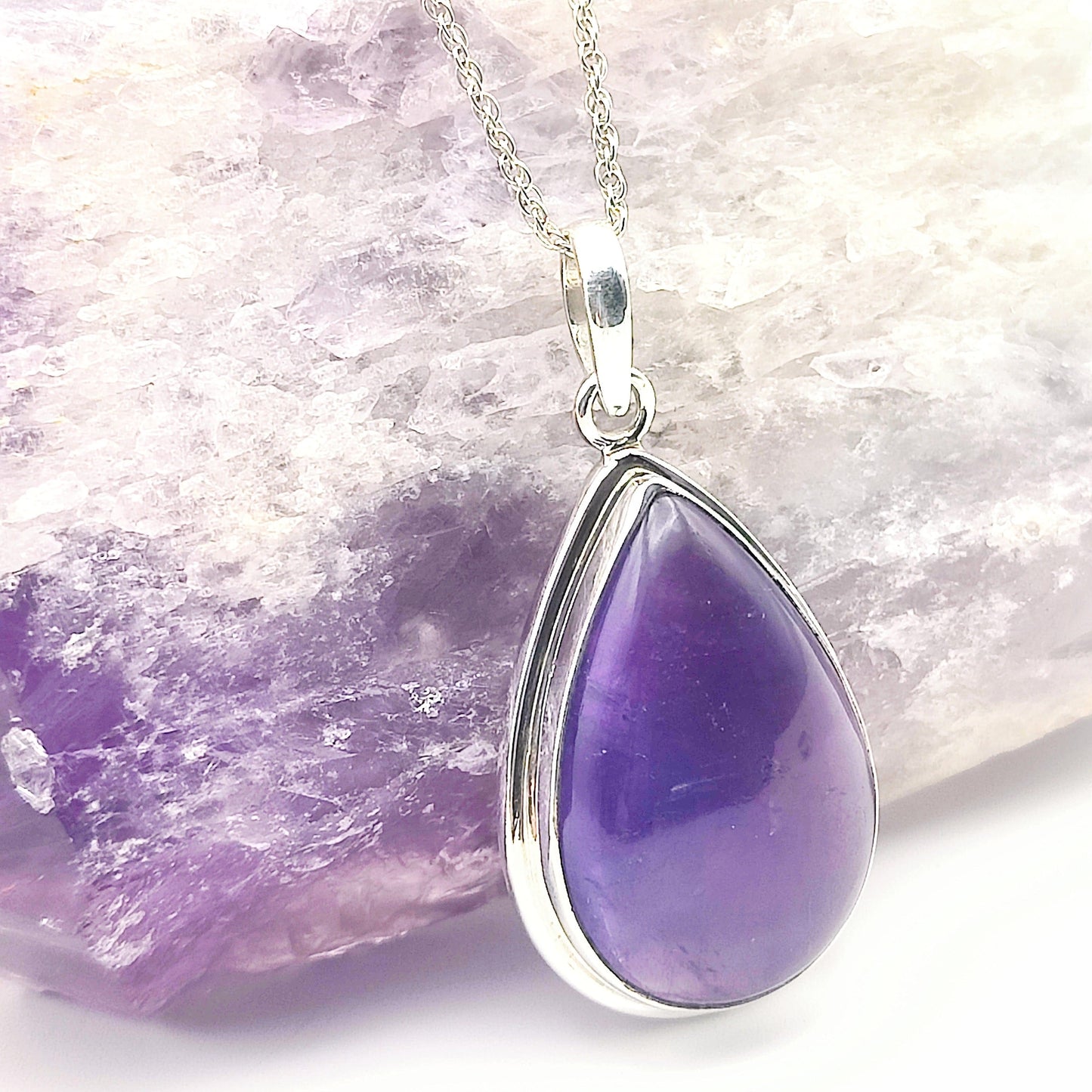 Amethyst Pendant | Aquarius Gift | 30mm Teardrop | Sterling Silver