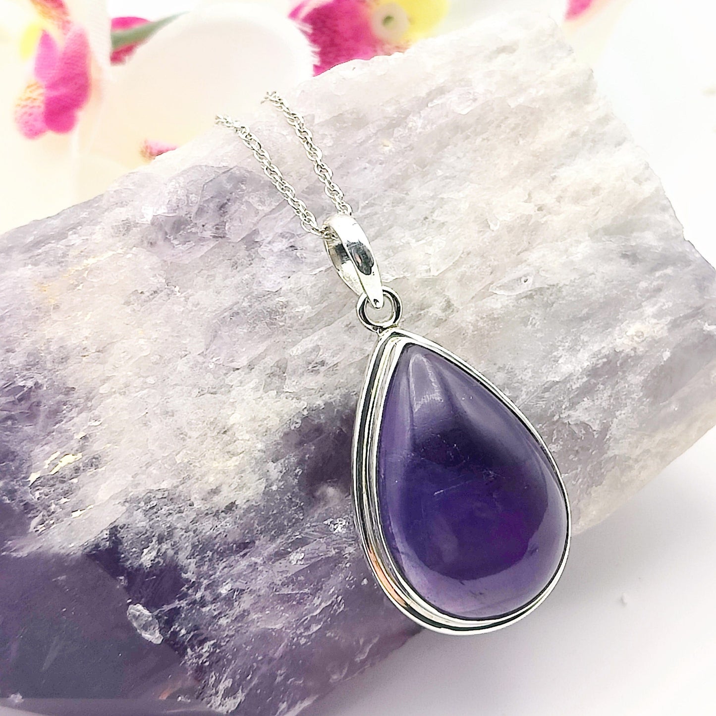 Amethyst Pendant | Aquarius Gift | 30mm Teardrop | Sterling Silver