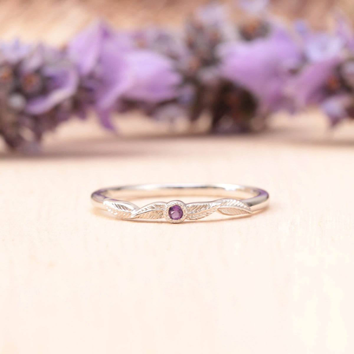 Amethyst Birthstone Leaf Ring