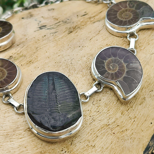 Ammonite and Trilobite Fossil Bracelet | Made with Ancient Fossils | Set in Sterling Silver