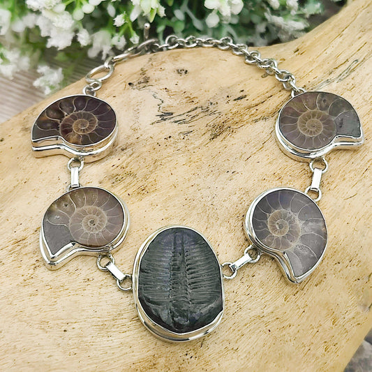 Ammonite and Trilobite Fossil Bracelet | Made with Ancient Fossils | Set in Sterling Silver